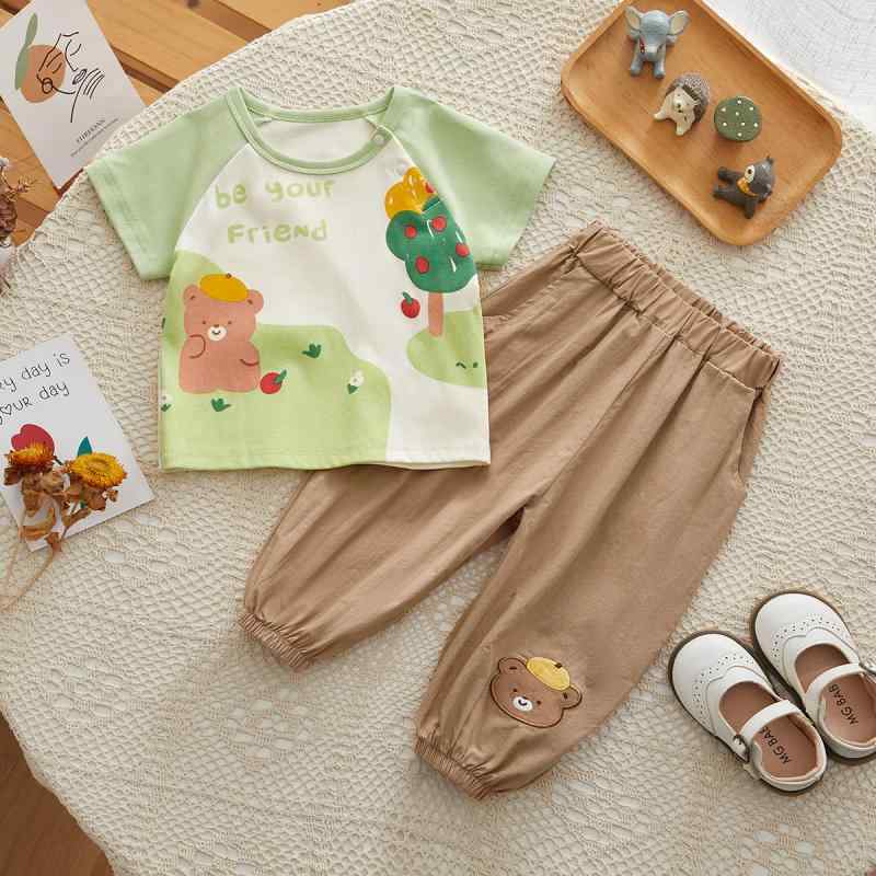 キッズ ベビー 男の子 セットアップ 半袖Tシャツ ロングパンツ 2点セット 夏用 薄手 コットン 動物柄 アニマル 韓国子供服 カジュアル