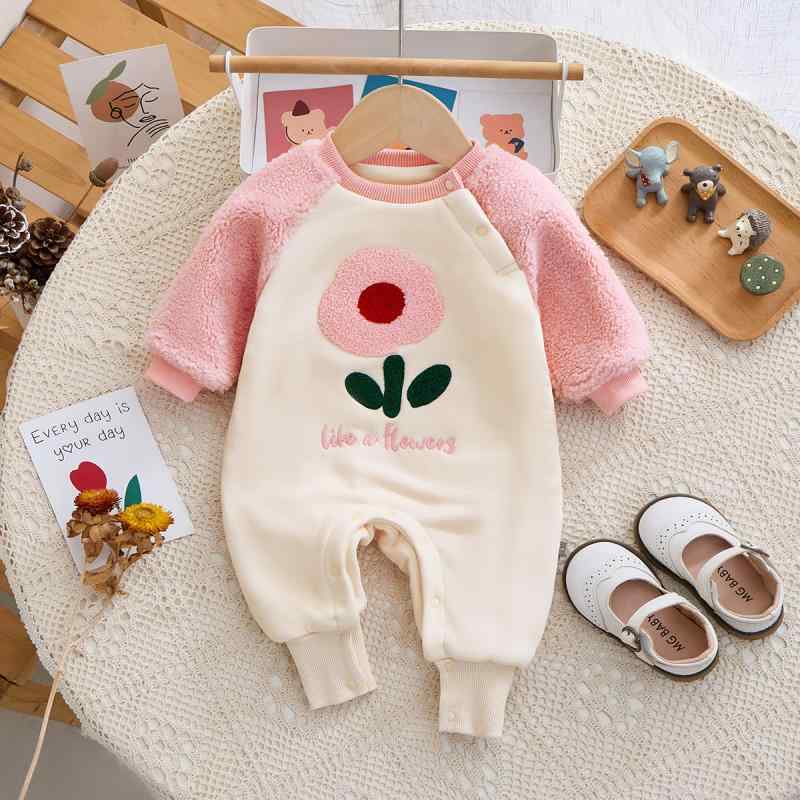 ロンパース 女の子 ベビー服 新生児 裏起毛 厚手 あったか 綿 長袖 プルオーバー 小花 刺繍 秋冬 防寒 肌に優しい 60 70 80 90cm