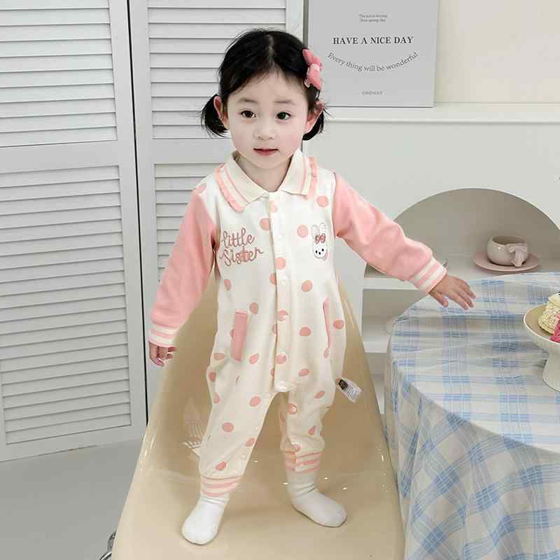 ロンパース 女の子 ベビー ドット柄 うさぎデザイン 春秋 コットン 長袖 カバーオール 新生児 0歳 1歳 誕生日 お祝い 出産祝い ギフト プレゼント ピンク かわいい