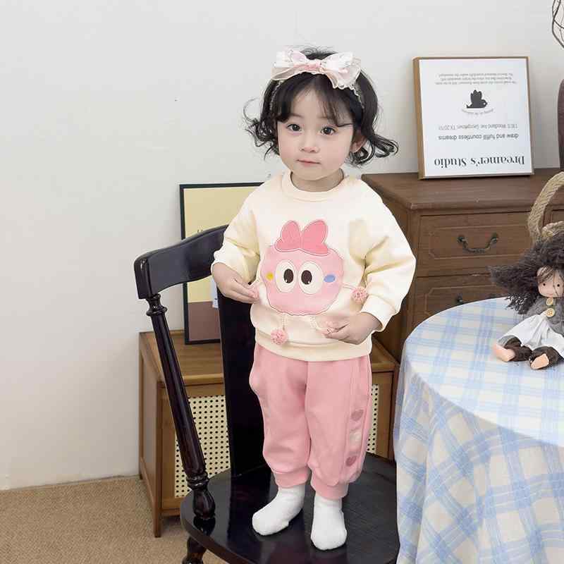 キッズ 女の子 ベビー 春夏 長袖 ロングパンツ 韓国風 綿素材 キャラクター柄 かわいい プルオーバー 2点セット セットアップ ピンク 80 90 100サイズ