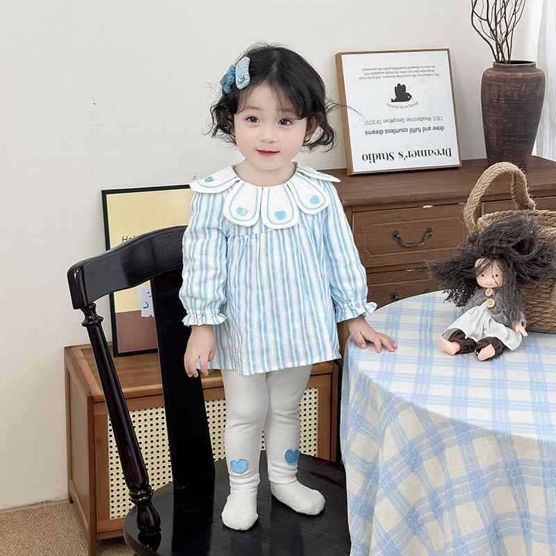 キッズ ベビー 女の子 韓国風 セットアップ 春夏 かわいい 長袖 ロングパンツ ストライプ柄 ブルー レーヨン素材 2点セット 上下セット カジュアル
