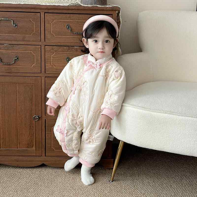 ベビー服 新生児 女の子 中綿入り 裏起毛 厚手 冬 長袖 ロンパース チャイナ風 花柄 ポリエステル 斜め襟 ボタン カバーオール ピンク