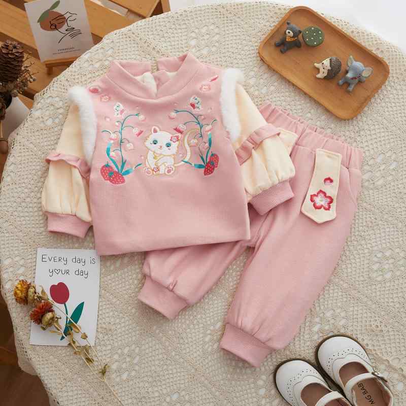 子供服 女の子 ベビー 冬物 厚手 パンツセットアップ 2点セット 長袖 プルオーバー かわいい お正月 誕生日 バースデー 中華風 アニマル柄 ピンク コットン