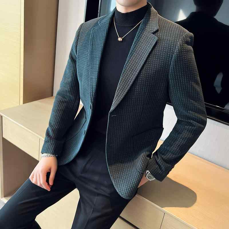 ジャケット メンズ 厚手 保温 ストレッチ スリム ビジネス 通勤 格子柄 シングルブレスト 2つボタン センターベント 秋冬 ポリエステル 柔らかな肌触り ダークグレー ブラック