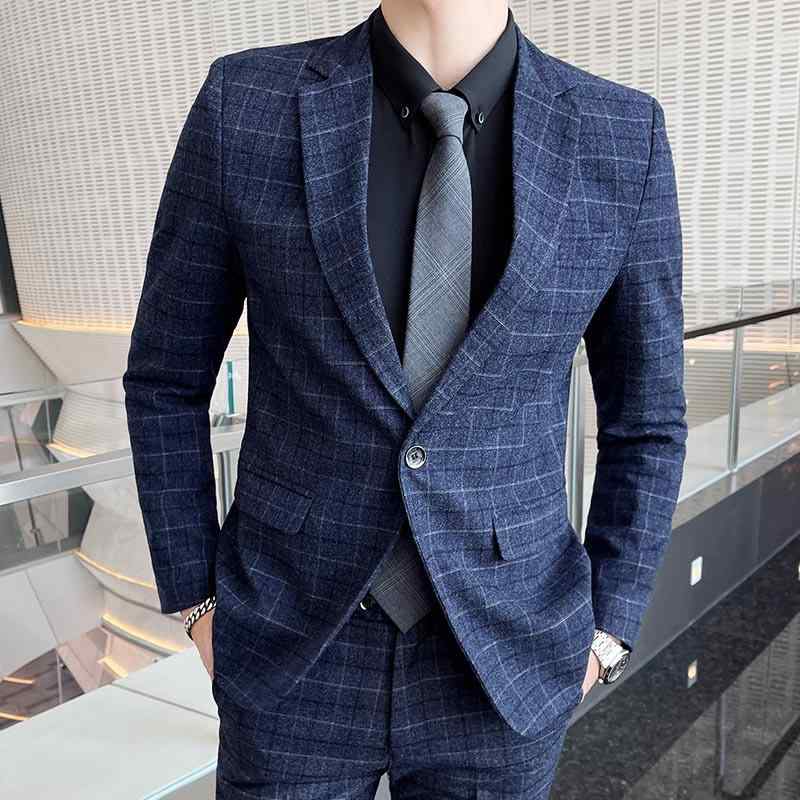 スーツ メンズ チェック柄 2点セット スリムフィット 韓国風 ビジネス カジュアル フォーマル 結婚式 新郎 披露宴 礼服 オールシーズン ブルー グレー