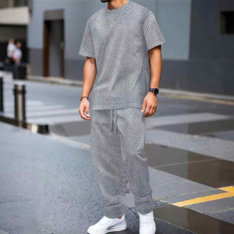 メンズ カジュアルセットアップ ヘビーウェイト 無地 ジャカード織り クルーネック 半袖 Tシャツ ロングパンツ 上下セット 大人カジュアル アウトドア ルームウェア 部屋着 春夏