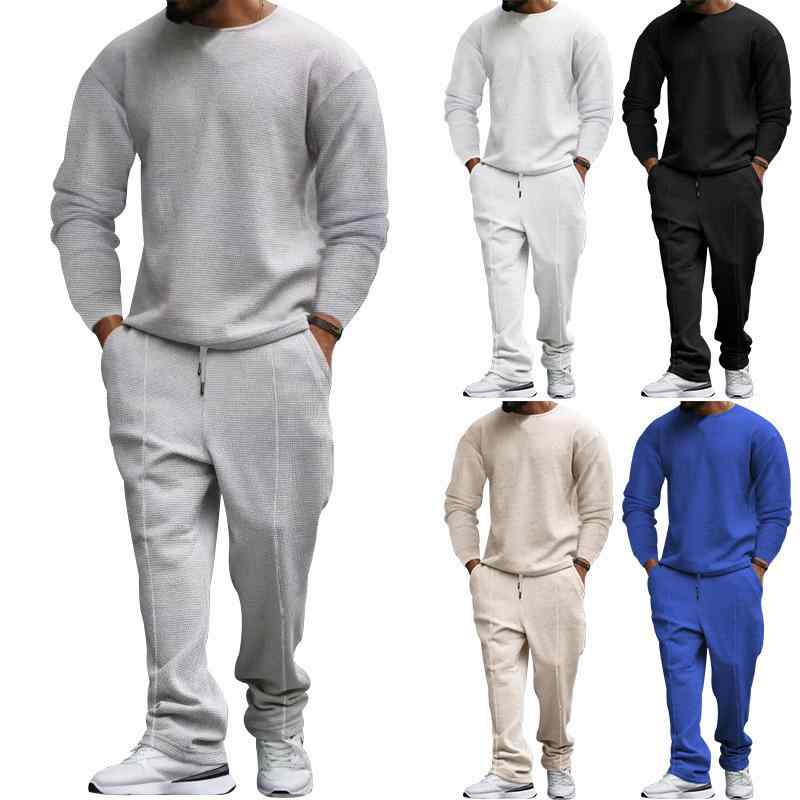 Tシャツ&ロングパンツ セットアップ メンズ ワッフル素材 クルーネック 半袖 薄手 速乾 快適 カジュアル リラックスウェア ワンマイルウェア 大きいサイズ 春夏