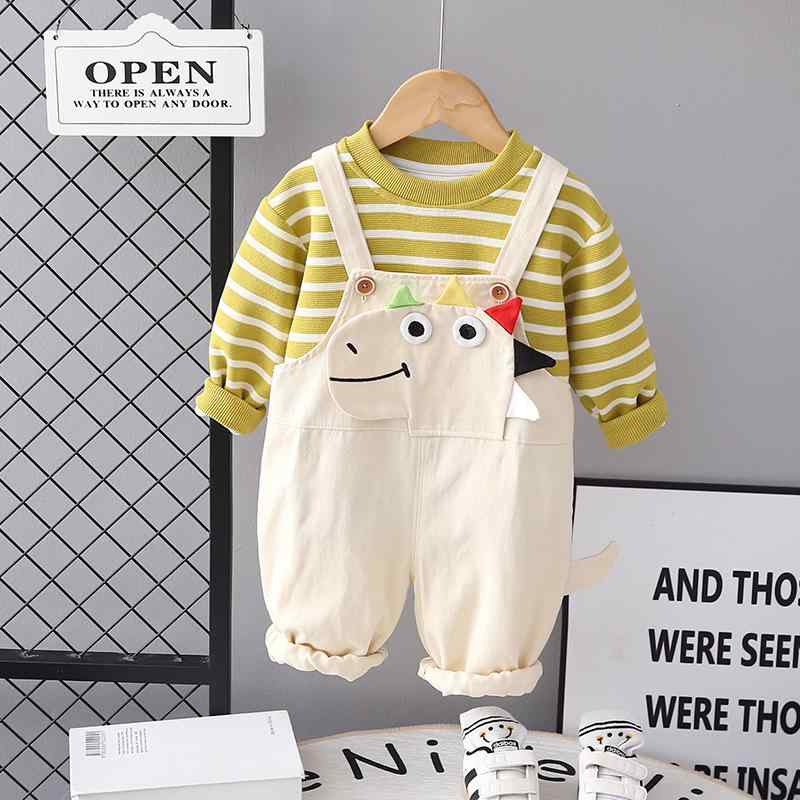 キッズ ベビー服 男の子 春秋 おしゃれ かわいい 韓国風 カジュアル 恐竜柄 サロペット セットアップ 長袖 ロングパンツ 綿 コットン 2点セット