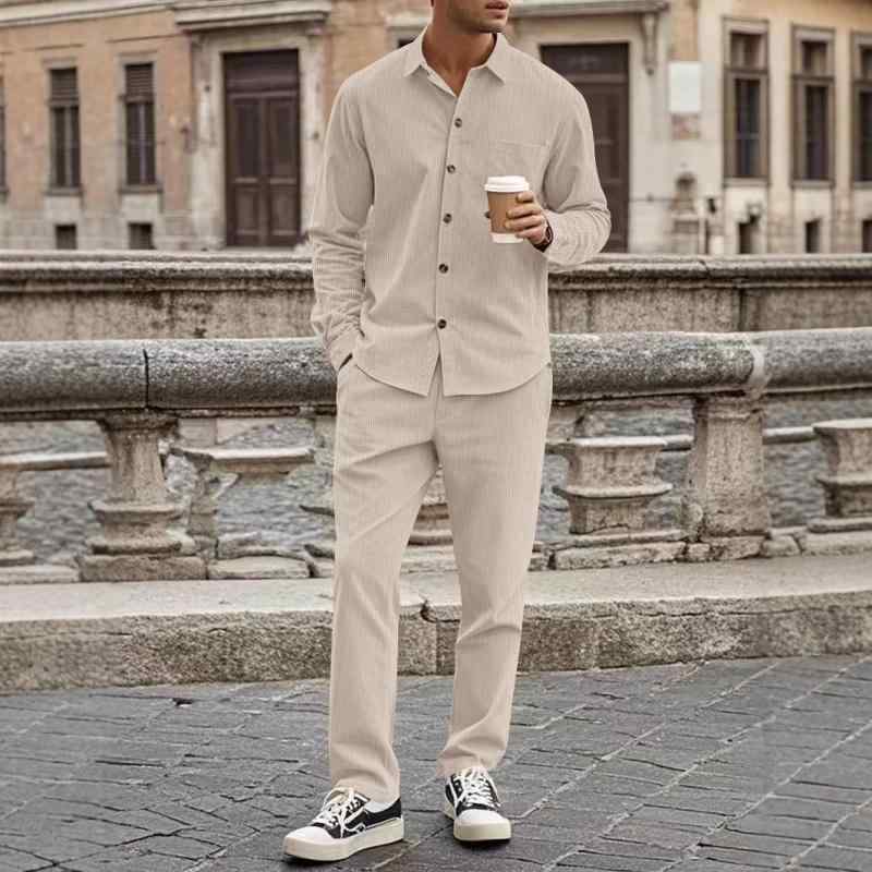セットアップ メンズ コーデュロイ 長袖 ボタンシャツ ロングパンツ 上下セット 大人カジュアル ルームウェア 普段着 秋冬 綿混 ポリエステル