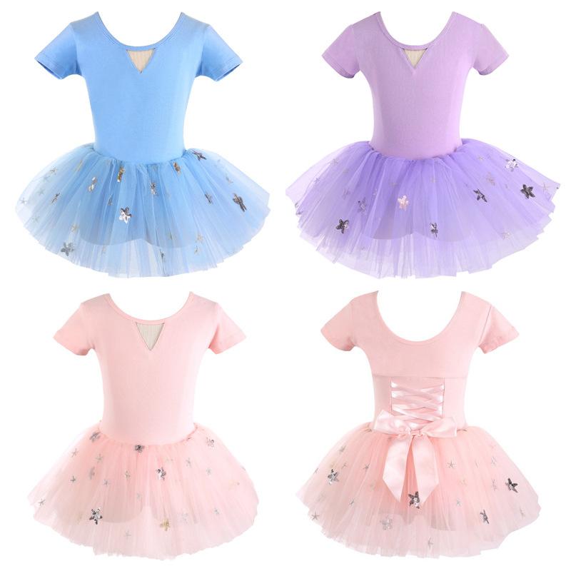 バレエ レオタード キッズ 女の子 半袖 綿混 ストレッチ 柔らか素材 ダンスウェア スカート付き 練習着 レッスン用 新体操 体操 発表会 衣装 かわいい リボンデザイン