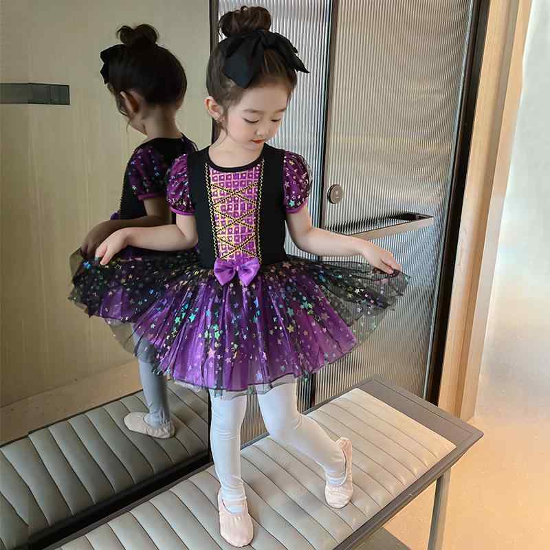 キッズ 女の子 バレエ レオタード 半袖 コットン パープル やわらか素材 練習着 ダンスウェア 発表会ドレス フリル チュール 魔女コスチューム スカート付き