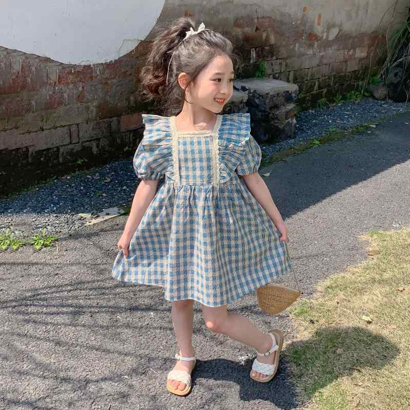 ワンピース 女の子 夏 韓国風 肌に優しい 綿素材 チェック柄 プリント フリル袖 パフスリーブ 半袖 レース プリンセスライン 子供服 3歳 8歳 100cm 140cm