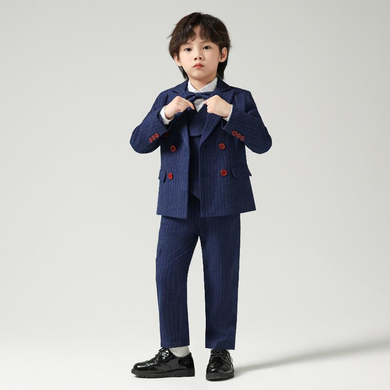 スーツ キッズ 男の子 ジュニア フォーマル セットアップ ジャケット ベスト パンツ シャツ ネクタイ ピアノ発表会 結婚式 リングボーイ 司会 衣装 ダブルボタン ストライプ 柔らかな肌触り 春夏秋 ポリエステル混紡