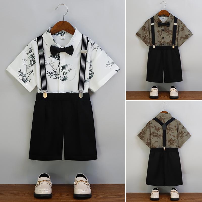 キッズ 男の子 サロペット セットアップ 半袖 ショートパンツ 春夏 柔らか素材 ブリティッシュスタイル 花柄プリント カジュアル 発表会 イベント