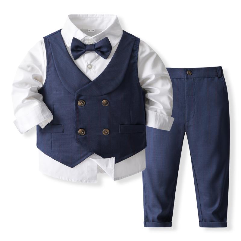 キッズ 男の子 フォーマルスーツ パンツスーツ 長袖 スリーピース セットアップ 英国風 ストライプ柄 シングルボタン コットン素材 結婚式 発表会 入学式 卒園式 3歳 8歳向け ピンク ネイビー 春 秋