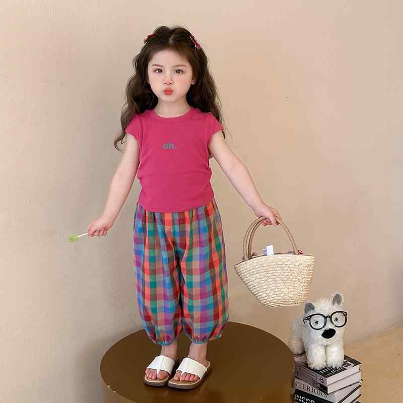 キッズ 女の子 子供服 セットアップ 半袖Tシャツ チェック柄パンツ 2点セット 韓国風 おしゃれ 夏 薄手 やわらか素材 普段着 通学 お出かけ 100cm 110cm 120cm 130cm 140cm対応
