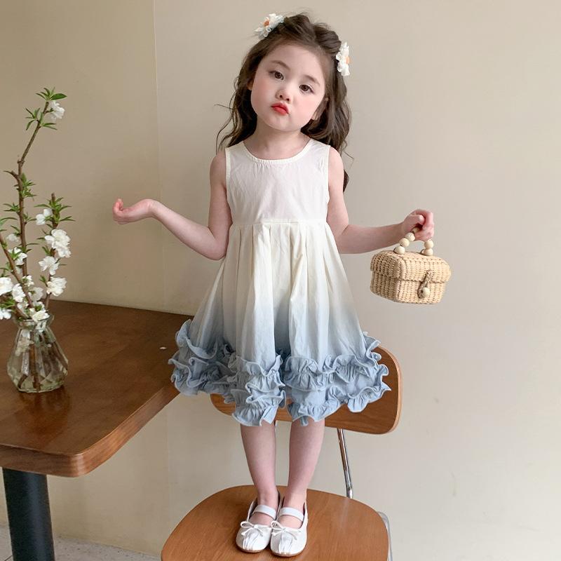 ワンピース 女の子 キッズ ノースリーブ グラデーションカラー プリンセスライン フレアシルエット 韓国子供服 綿混素材 肌触りの良い 夏用 かわいい 3-8歳対応