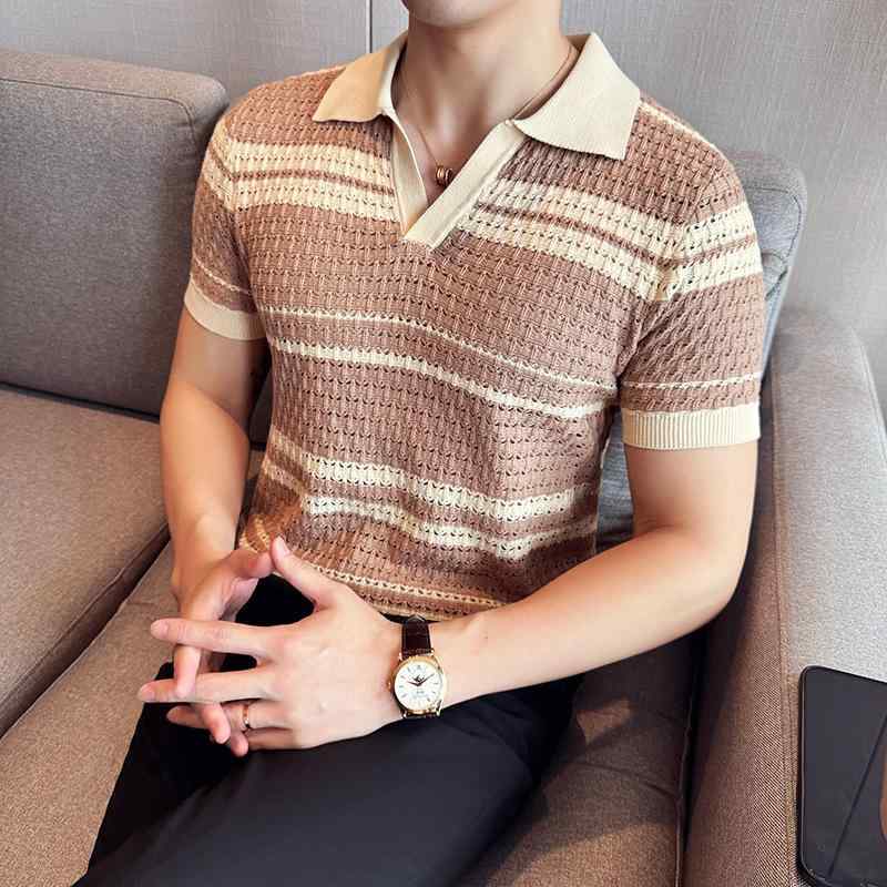 POLOシャツ メンズ 通気性 メッシュ ストレッチ 薄手 Vネック ゆったりシルエット 半袖 ストライプ切り替え カジュアル 韓国風 夏物 ポリエステル混紡 カーキ ブラック