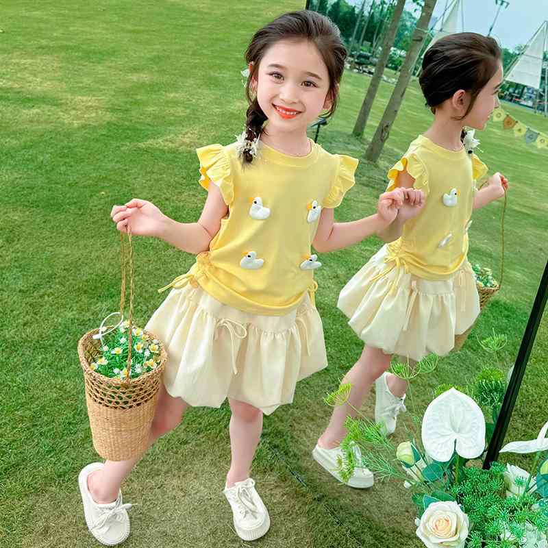 キッズ 女の子 セットアップ 薄手 半袖 フリル袖 バルーンスカート キャラクター柄 綿混 かわいい 2点セット 韓国子供服 春夏 カジュアル ルームウェア