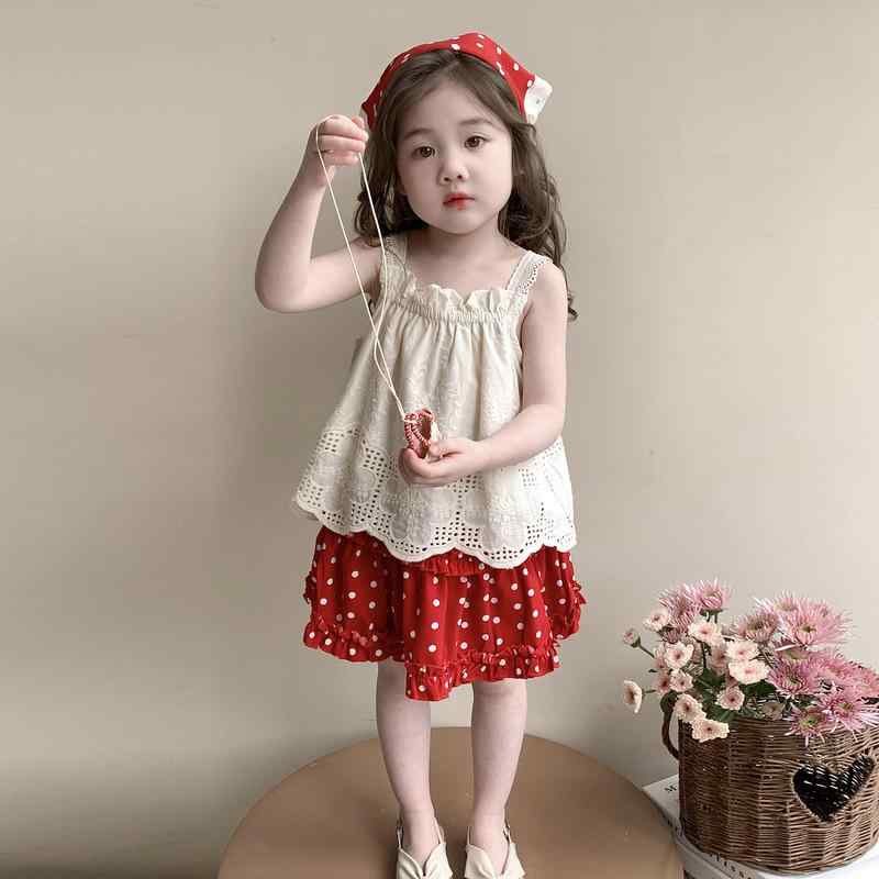 セットアップ キッズ 女の子 韓国風 かわいい ドット柄 薄手 ノースリーブ ショートパンツ 2点セット 夏 綿混 柔らか素材 カジュアル デイリーユース