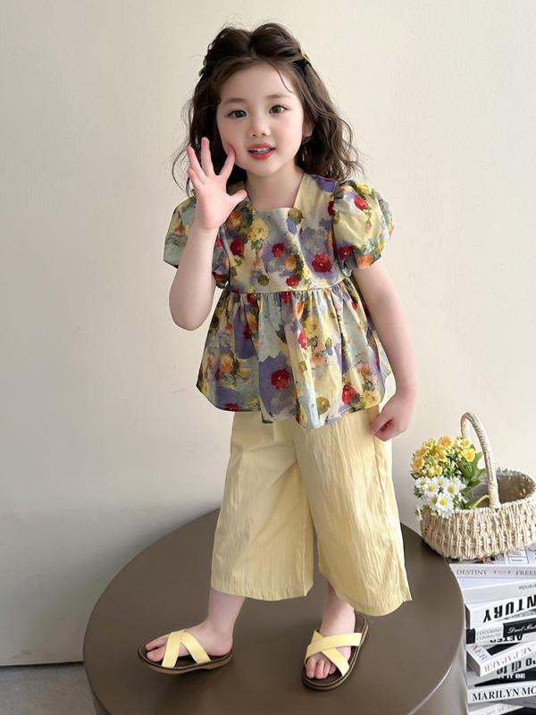 キッズ 女の子 セットアップ 花柄 パフスリーブ 半袖 プルオーバー 薄手 ワイドパンツ ガウチョパンツ 9分丈 綿混 柔らかい 韓国風 春夏 2点セット 4,162円