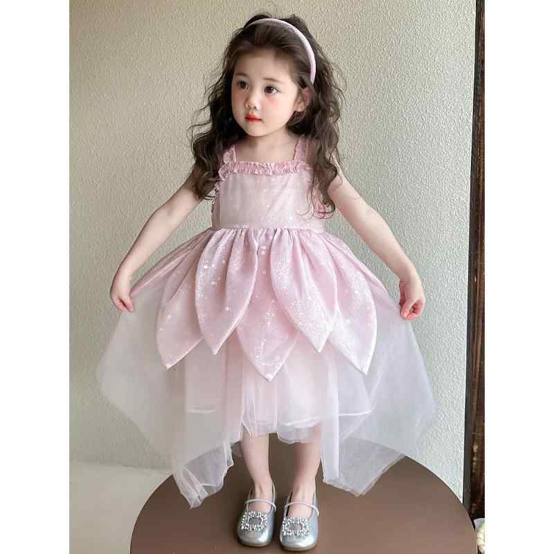 ワンピース 女の子 プリンセス ピンク チュール 花びらモチーフ キャミソール 綿混素材 柔らか 発表会 誕生日 結婚式 フォーマル ボリュームスカート キッズ ジュニア 100cm 110cm 120cm 130cm 140cm 夏
