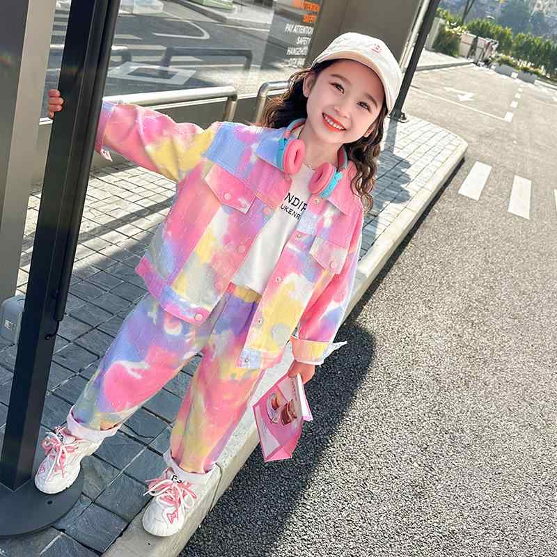 セットアップ キッズ 女の子 デニム 長袖 ロングパンツ 春秋 韓国風 タイダイ柄 おしゃれ カジュアル 綿混 ピンク シングルボタン 100 110 120 130 140cm