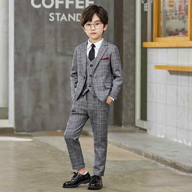 キッズ 男の子 フォーマルスーツ グレンチェック 韓国風 スリーピース ジャケット ベスト 長ズボン 3点セット 発表会 結婚式 卒業式 入学式 七五三 春秋冬
