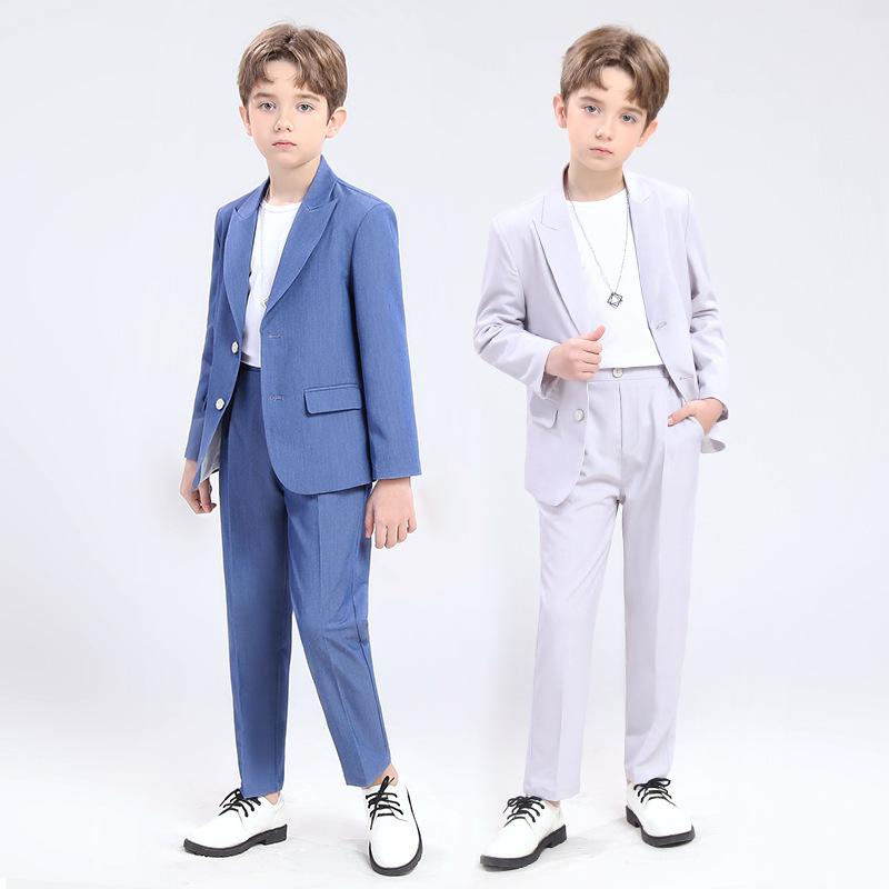 スーツ キッズ 男の子 イギリス風 紳士 カジュアル フォーマル ジャケット パンツ セットアップ オールシーズン 無地 ソフト加工 シングルブレスト 発表会 結婚式 入学式 卒業式 卒園式 七五三 演奏会 グレー ブルー