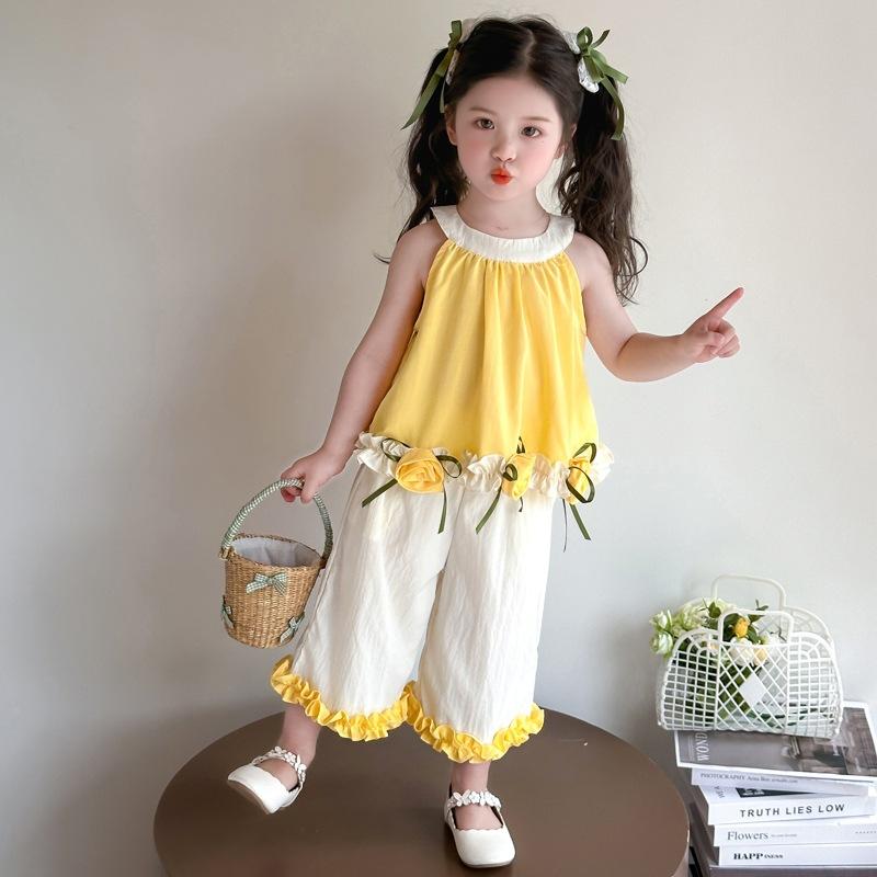 セットアップ 女の子 キッズ 薄手 やわらか 夏服 無地 チューリップ キャミソール ワイドパンツ 2点セット 韓国風 子供服 綿混 イエロー