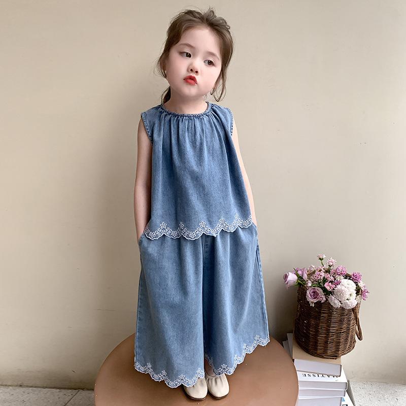 キッズ 女の子 デニム セットアップ 春夏 薄手 ノースリーブ ショートワイドパンツ 2点セット 韓国風 ソフトタッチ カジュアル ブルー