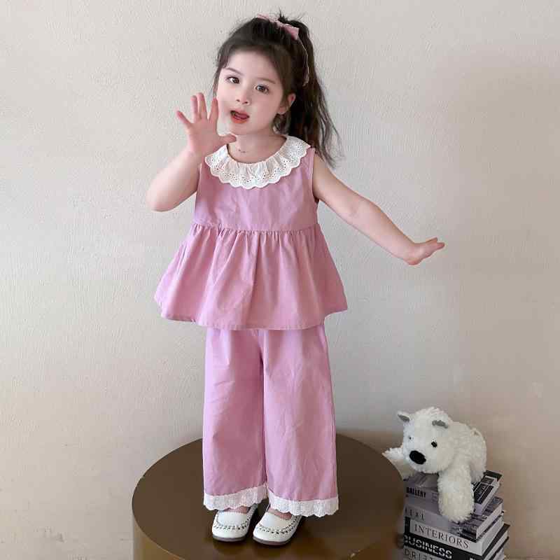 キッズ 女の子 ノースリーブ 綿 柔らかい肌触り 春夏 おしゃれ 可愛い カジュアル 普段着 お出かけ 長パンツ セットアップ 2点セット