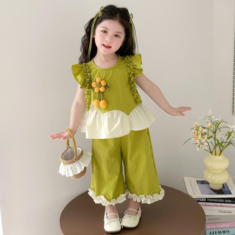 子供服 女の子 キッズ ノースリーブ パンツ セットアップ 通気性抜群 肌触り快適 夏物 薄手 綿素材 ひまわり柄 おしゃれ カジュアル デイリー 上下セット