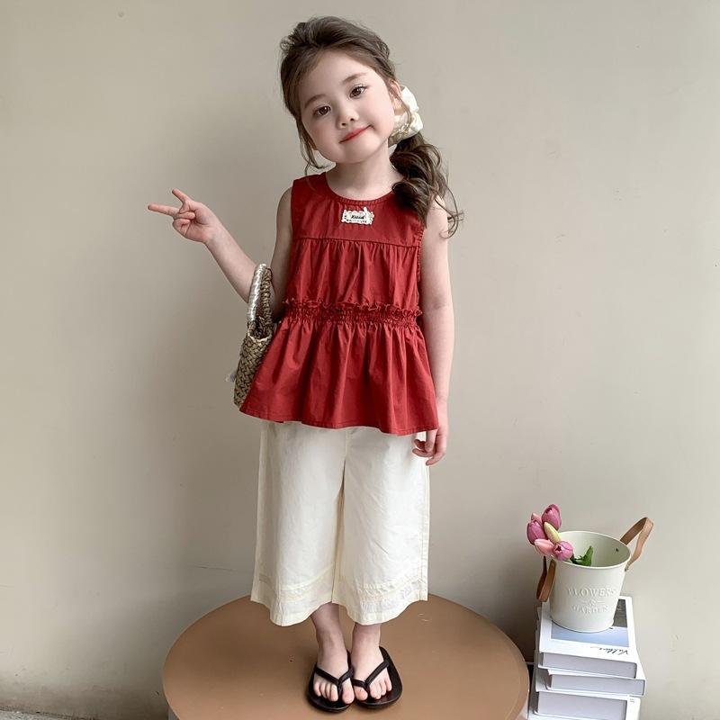 キッズ 女の子 ノースリーブ タンクトップ チュニック 薄手 柔らかい 綿混 ワイドパンツ 2点セット セットアップ 9分丈 夏 韓国風 カジュアル 普段着 部屋着 ダスティピンク