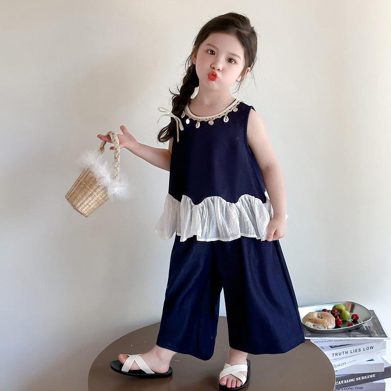 キッズ 女の子 夏服 セットアップ ノースリーブ デニム ワイドパンツ 上下セット 薄手 綿 レース 涼しい 韓国風 カジュアル お出かけ 普段着 子供服