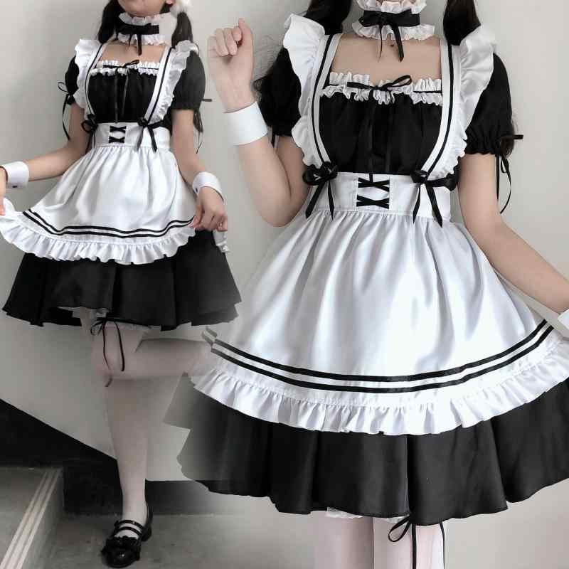 ワンピース レディース 日系 ロリィタ メイド服 コスプレ 衣装 かわいい 大きいサイズ 普段使い アニメ ゲーム キャラクター 女装男子対応 7点セット ブラック ホワイト ポリエステル