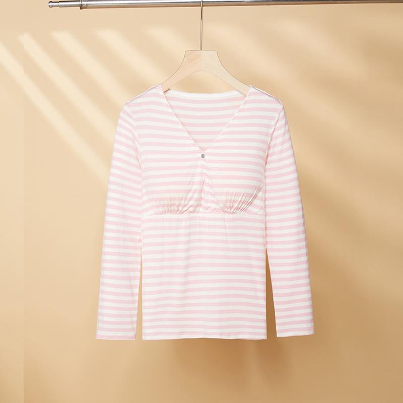 マタニティウェア 授乳服 カップ付き Vネック モダール素材 ストライプ柄 長袖 ゆったり 大きいサイズ 産後 ルームウェア パジャマ 部屋着 着心地快適 春夏