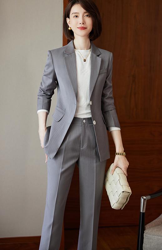 スーツ レディース ビジネス オフィス 事務服 パンツスーツ セットアップ 秋冬 ストレッチ素材 長袖 ロングパンツ ストライプ柄 グレー ワークユニフォーム サービス業 接客業