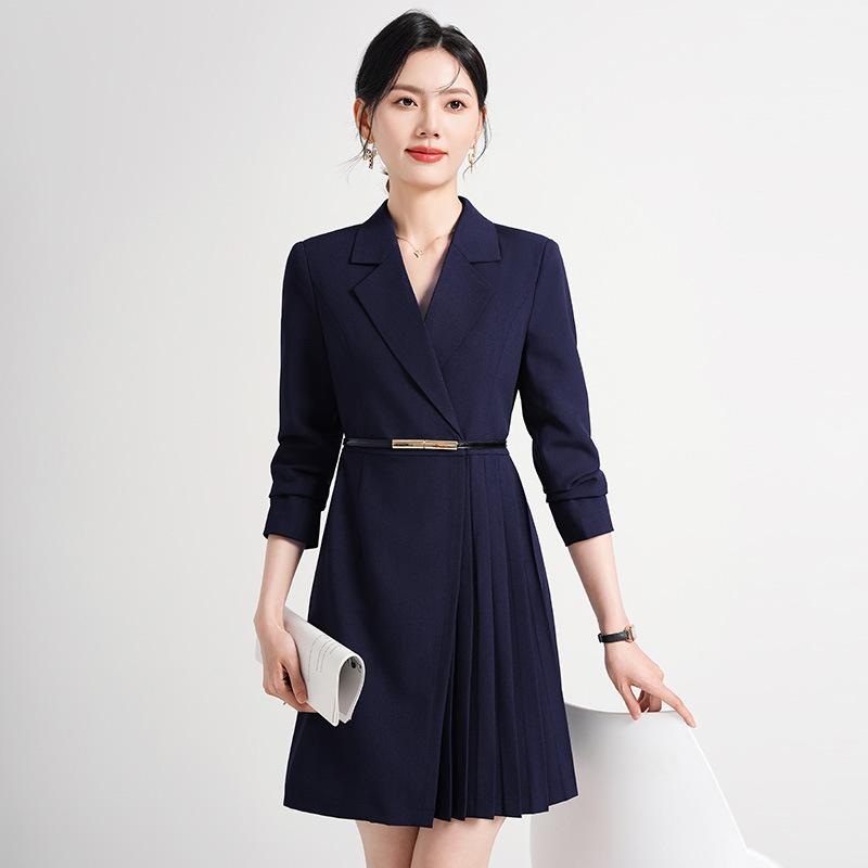 ワンピース レディース 通勤 オフィスウェア 制服 受付 美容院 営業 上品 エレガント きれいめ 長袖 ミディ丈 プリーツスカート テーラードカラー ハイウエスト 切り替え ファスナー ポリエステル