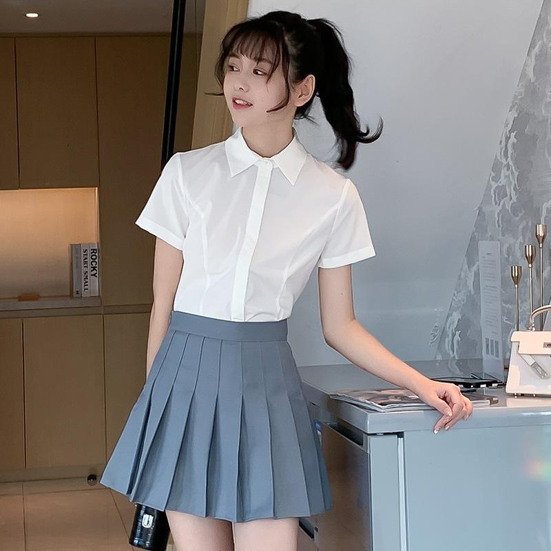 ブラウス レディース 半袖 白 制服風 JKスタイル スクール オフィス 通勤 ビジネス フォーマル 韓国風 スリムフィット 切り替え 無地 ポリエステル