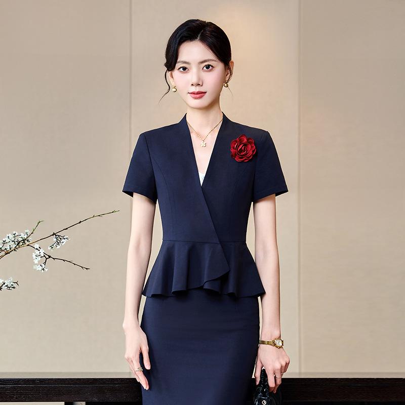 レディース スーツ 半袖 セットアップ ジャケット スカート パンツ オフィス ビジネス 通勤 フォーマル 制服 事務服 受付 営業 春夏 きれいめ 快適 ブルー|モズラボ