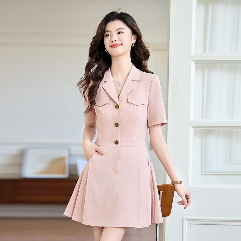 ワンピース レディース 半袖 シワになりにくい ピンク 制服 オフィス 事務服 美容師 ワークウェア 通勤用 Aライン エレガント 春夏 襟付き ファスナー ポリエステル