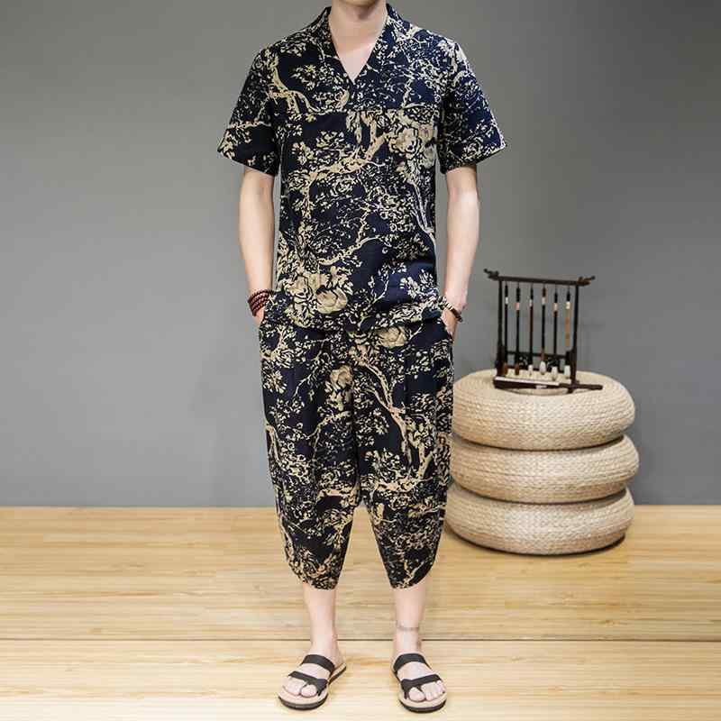 カジュアルセットアップ メンズ 春夏 新中華風 リネン 半袖シャツ 七分丈パンツ 上下2点セット ゆったり 涼しい 通気性 大人カジュアル ルームウェア 部屋着