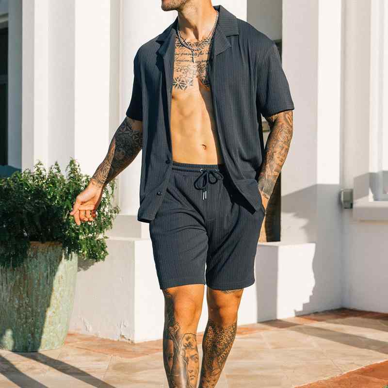 セットアップ メンズ 半袖シャツ ショートパンツ 無地 襟付き カジュアル 春夏 綿混 ポリエステル混紡 スポーツ リラックスウェア