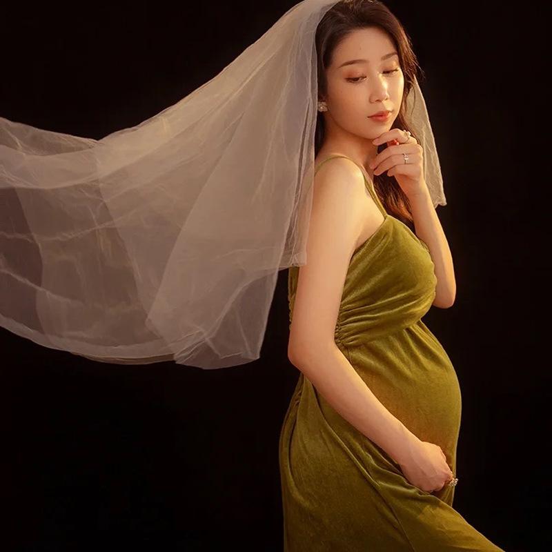 ワンピース マタニティ ベロア ベルベット キャミソールワンピース グリーン 妊婦 ママ フォト撮影 記念写真 撮影衣装 四季 綿混紡 フリーサイズ