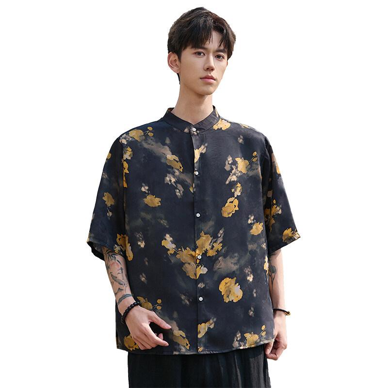 シャツ メンズ 春夏 新チャイニーズスタイル ジャカード織り 半袖 スタンドカラー 麻混 薄手 ゆったりサイズ ウォッシャブル ノーアイロン カジュアルシャツ