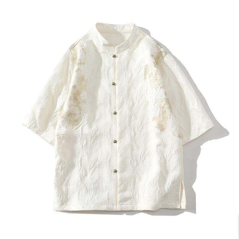 シャツ メンズ 通気性 清涼感 快適な肌触り 4WAYストレッチ 薄手 麻素材 モダンチャイナ風 スタンドカラー ジャカード切り替え 半袖 カジュアル ルーズフィット メタルボタン ウォッシュ加工