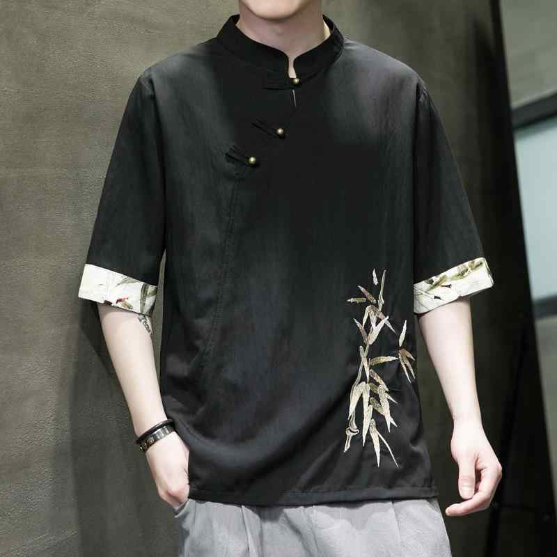Tシャツ メンズ 接触冷感 綿麻 スタンドカラー 五分袖 薄手 ゆったり 大きいサイズ 中国風 竹の葉 刺繍 切り替え チャイナボタン カジュアル