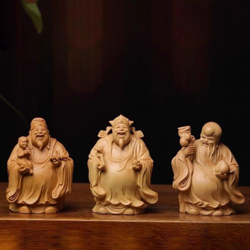 置物 崖柏木 天然無垢材 彫刻 福禄寿 三尊セット 縁起物 開運 卓上 インテリア リビング 玄関 オフィス 中華風 飾り