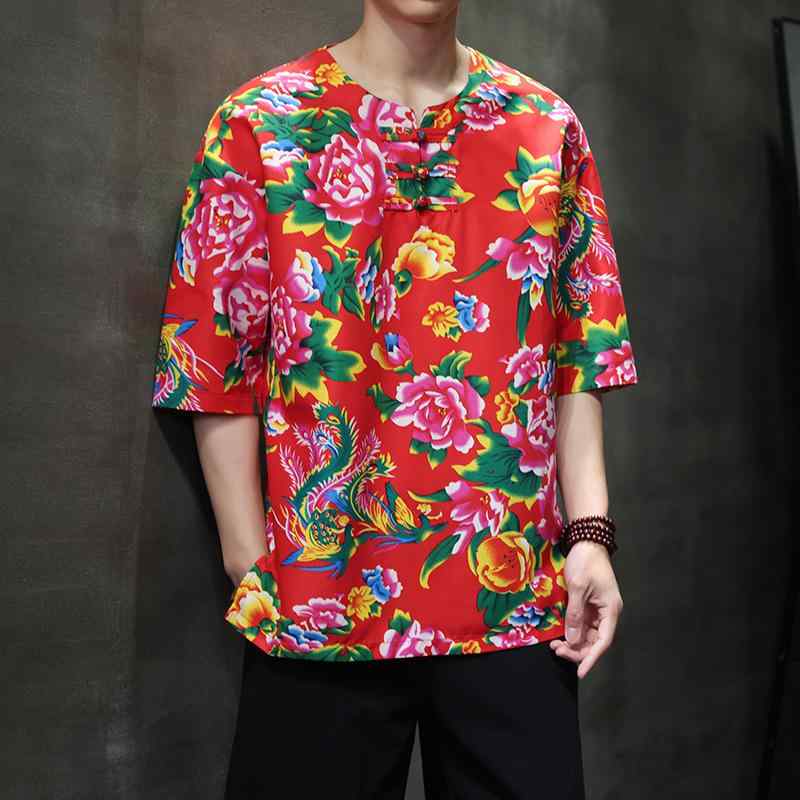 Tシャツ メンズ チャイナ風 レトロ エスニック 花柄 綿混 ゆったり ビッグシルエット 五分袖 スタンドカラー 薄手 カジュアル 普段使い